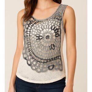 Vintage Shoreline Boho Crochet Lace Tank Top Sz L Sheer Sleeveless Festival Blk